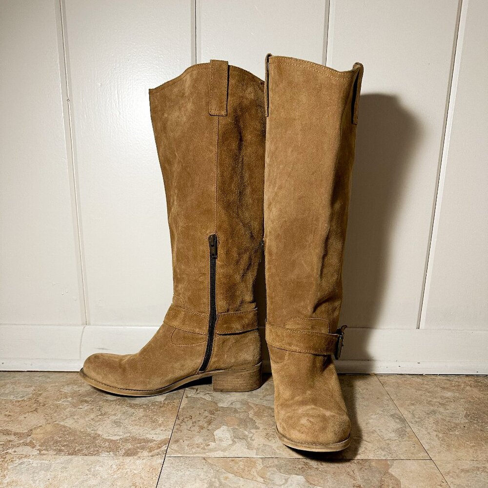 Garnet Hill Womens Size 10 Tall Brown Suede Riding Boots Buckle Size Zip